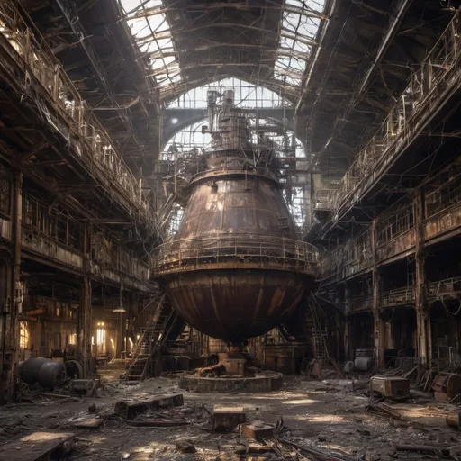 Prompt: Urbex style. A leaky rusty vat full of leaking rusty chemicals in a steampunk boilerpunk factory. Looks like an industrial cathedral with lot of tubes, bridges and 7 stages. Huge machines of 25 meter height with fans and diesel motorship in the center. Post industrial decay. Post apocalyptic interior. Backlit light filtering through a glass roof. Debris rubbish and graffiti, ground littered with bits of machinery. Water with réflection. HDR. 8K. Award wining photography, to expose in international galléries. Hasenblad.