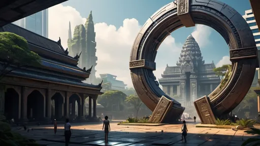 Prompt: magical portal between cities realms worlds kingdoms, circular portal, ring standing on edge, upright ring, freestanding ring, hieroglyphs on ring, complete ring, ancient cambodian architecture, gardens, hotels, office buildings, shopping malls, large wide-open city plaza, turned sideways view, futuristic cyberpunk tech-noir setting