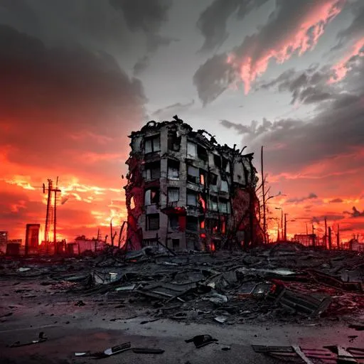 Prompt: Generate a surreal and ominous image of a destroyed and abandoned Mariupol, with twisted metal and rubble strewn across the foreground, and an ominous red sky in the background.