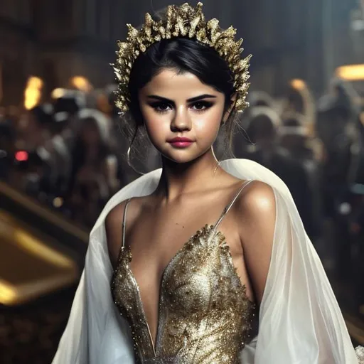 Prompt: selena gomez, detailed face, beautiful, skinny, anorexic, thin face, princess, gold fur crown, white gown, white gloves, scifi