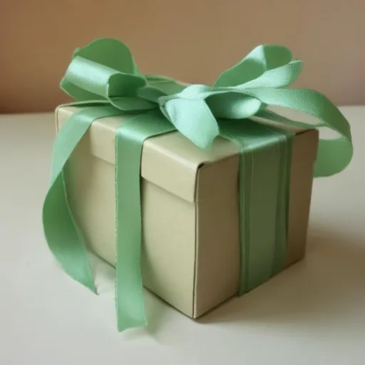 Prompt: small Kraft box with chiffon sage green ribbon 
