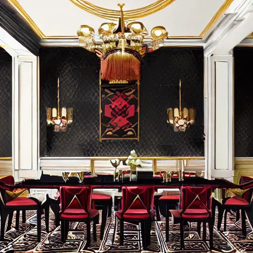 Prompt: black mirrored dining room, elegant, red cherry frame with nacre inlay chairs, sapphire upholstery, elegant and sophisticated. central asia. 1950s. mosaic columns and floors. photorealism.