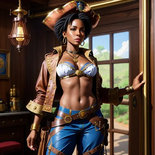 Prompt: Female African descent steampunk inventor, High-resolution hyper realistic painting of {steampunk ebony, highly detailed, short hair, fit body}, full body shot, heroic, real, alive, real skin textures, dramatic pose, uhd, hdr, 64k, epic scene, sharp edges, dressed as a pirate, wearing baggy pantaloons, expressive amused lips. Little smile. Clean. Intricate details.