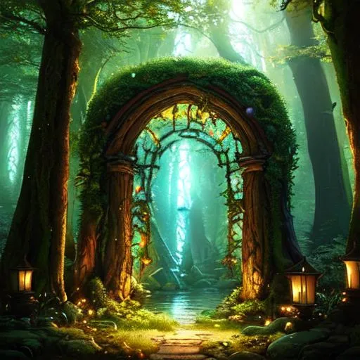 Prompt: A hidden portal, a world full of delight, magical adventure, shining so bright.
magical forest,  8k, fantasy art, mystical warm lighting, photorealistic, nighttime, humanoid
