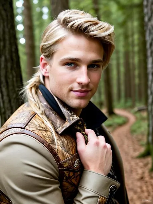 Prompt: hypermaximalist, fine details, vivid,blond hair, warm hazel eyes, handsome, sweet, cute, kind, in woods, hunting, bow