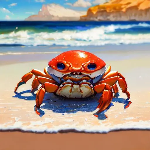 Prompt: "cute little crab on the beach by Elaine Bayley, neo-impressionism , smooth post-impressionist impasto acrylic painting, a masterpiece, 8k resolution, by Greg Rutkowski, dynamic lighting, hyperdetailed, intricately detailed, trending on Artstation, deep color, Unreal Engine, volumetric lighting, Alphonse Mucha, Jordan Grimmer"