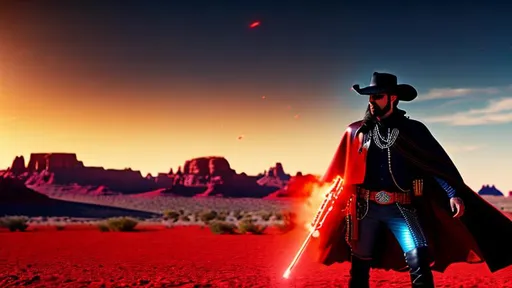 Prompt: 4 Armed Cyber Cowboy, fiery red Poncho, Dressed in black duster and Stetson Cowboy Hat, with Red Sunglasses, Haunting Presence, Photorealism, Hyperrealism, Intricately Detailed, Hyperdetailed, Desert Wild West Landscape, Dusty Midnight Lighting, Filmic, Movie Quality, 8K Resolution, Wild West Feel