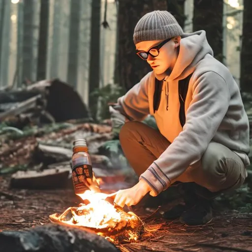 Prompt: A white-skinned person who wears glasses and is making fire in the forest