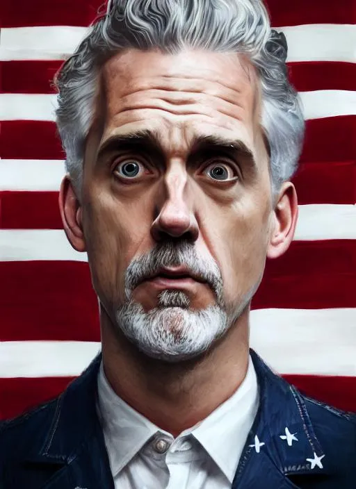 Prompt: Portrait of jordan peterson with silver hair and with cute face, American flag, perfect composition, hyperrealistic, super detailed, 8k, high quality, trending art, trending on artstation, sharp focus, studio photo, intricate details, highly detailed, by greg rutkowski