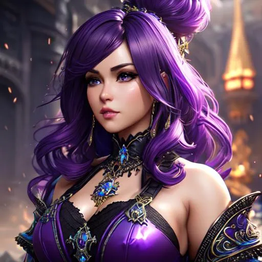 Prompt: 3d, Splash art, front, wearing body accessories, epic Instagram, artstation, hyperdetailed intricately detailed , unreal engine, fantastical, intricate detail, splash screen, complementary colors, fantasy concept art, 8k, deviantart masterpiece, oil painting, heavy strokes, splash arts, dark purple hair, full height, full body