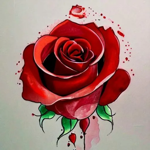 Prompt: A tattoo design of a delicate red rose, water color, full color