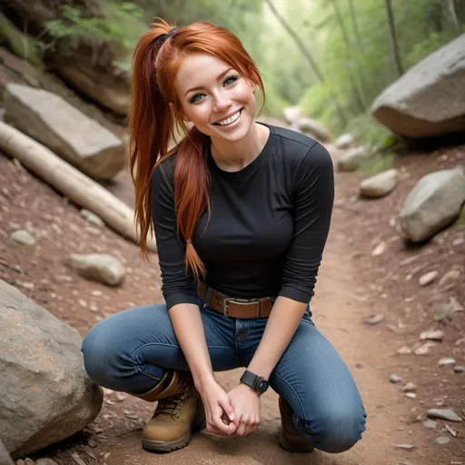 Prompt: a hyper realistic girl with red hair in a ponytail tan flawless wearing and open black shirt with no shirt underneath wearing jeans and a belt in hiking boots looking happy and smiling kneeling inside looking up at camera looking down at her