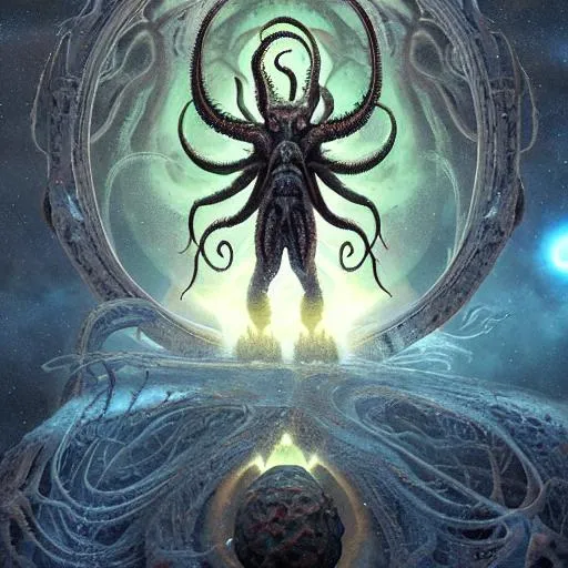 Prompt: symmetry!! stunning monstrous cosmic horror cthulhu with space in the background!! lovecraftian horror, cosmic space horror!! cinematic lighting, muted colours, digital art, winning award masterpiece, fantastically beautiful, aesthetically inspired by wayne barlowe and gerald brom, trending on artstation, art by greg rutkowski, octane render, unreal engine, 8 k