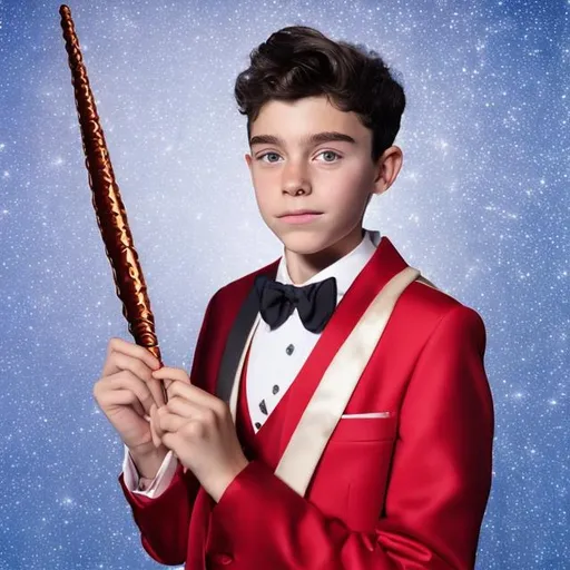 Prompt: Boy in a tuxedo holding his magic wand shaped like a stick about 6 inches long and standing next to his girlfriend who is in a big red puffy sparkly ball gown at prom