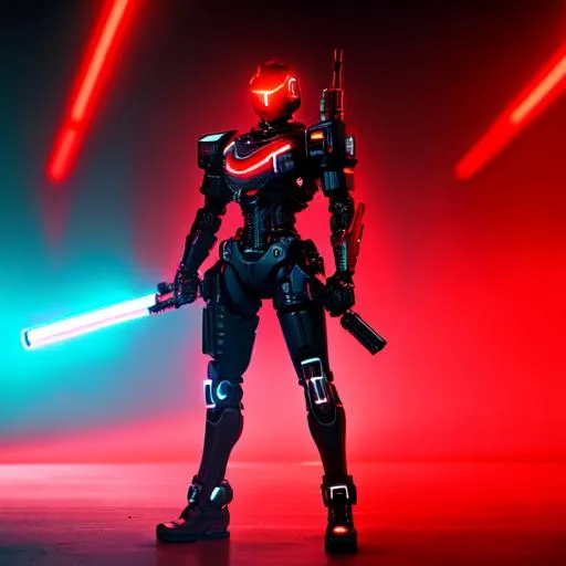 Prompt: full body shot of a cyborg, coverd in blood,holding a gun, Red and black colour scheme, blured back ground, neon lights