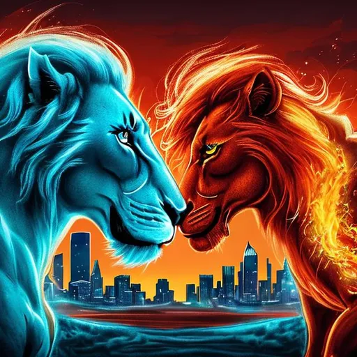 Prompt: Honolulu Blue lion and Bright Red Horse Staring Fiercely at each other, Muscular Body, with a flaming mane, Realistic, Powerful, Teal Detroit City Skyline in Background, Close-up of twinkling glimmering eyes, 
