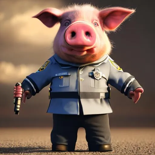 Prompt: a pig dressed as a police officer with a gun and a badge,