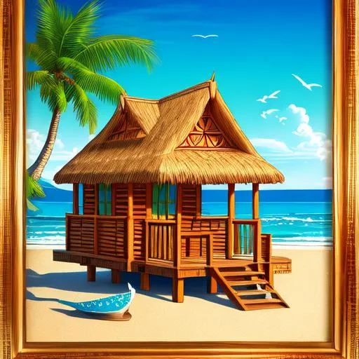 Prompt: Beach hut, tiki glass, drink, framed, intricate details, aesthetically pleasing, island style, woodcut, far view, scenic, waves, hd, 4k, digital art, dotted art, clean lines, print dots, grain