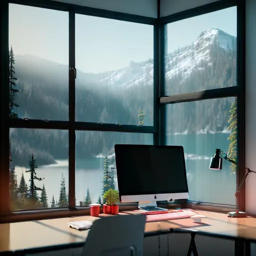 Prompt: photograph of an office with Mac Pro computer on a desk in front of a window facing onto a Mountain View with lakes and pine trees