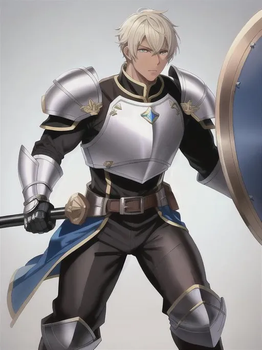 Prompt: Fire Emblem style male human knight, dark skin, yellow buzz cut hair, brown pupils, muscular, rough, wearing blue heavy armor, no helmet, holding shield, full body shot, white background.