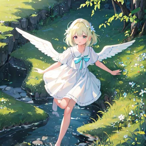 Prompt: Show me a Beautiful angelic being, 64k, high resolution, on green grass surrounded by trees, best quality, highest quality, blue sky, nearby small creek, cute