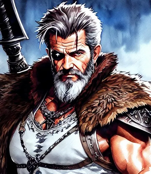 Prompt: a final fantasy watercolor concept art with Mel Gibson with intricate eye patch, 66 years old, brown viking armor, sleeveless, determined, fierce, hero, dirty, cloak,intricate eye patch,  dramatic, human, cinematic lighting, caustic, cave background, intricate eye patch, brown hair,beard, brown eyes, battlefield, ethereal, jewelry set, handsome, royal vibe, highly detailed, digital painting, Trending on artstation , HD quality, tan skin,artgerm, by Ilya Kuvshinov