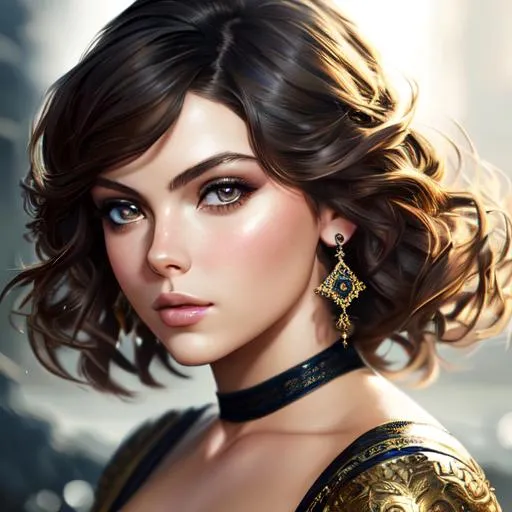 Prompt: Intricately detailed head and shoulders portrait of beautiful girl, Julia Voth Camren Bicondova, By David Kassan, By Ruan Jia, Cover art, maximalism, delicate, Oil painting, long hair, dress, HD