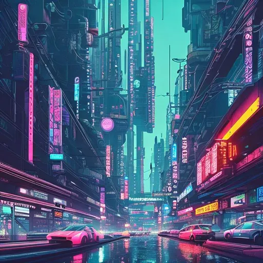 cyberpunk, futuristic, flying cars, neon lights, rus...