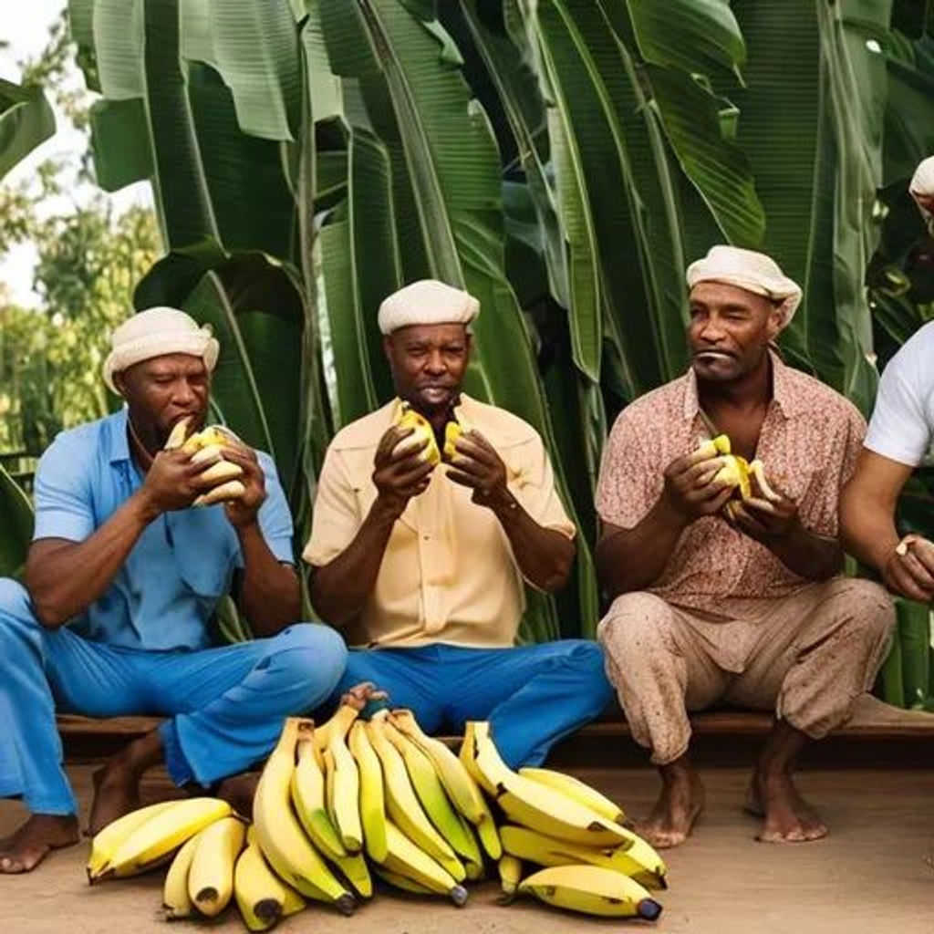 Prompt: Men eat bananas under a palm