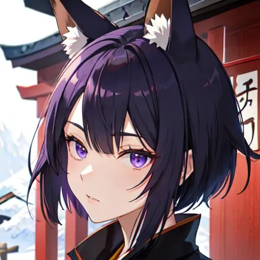 Prompt: male, short dark blue hair, purple eyes, fox ears, portrait, outside a Japanese shrine