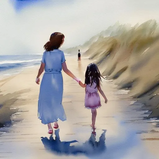 Prompt: watercolor of Six year old victoria and her grandmother walking down the beach talking. Both have dark brown hair. Victoria's is longer and grandmothers is shorter. 