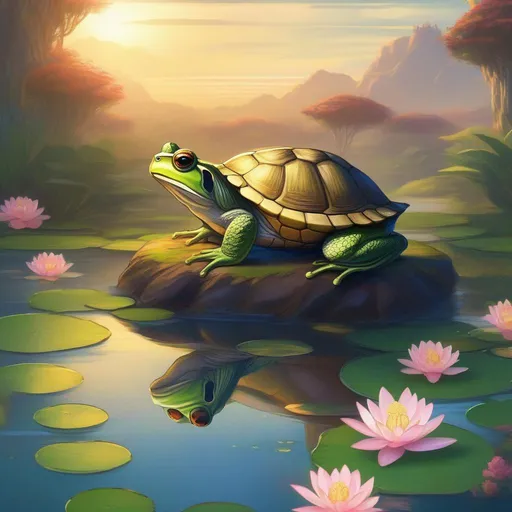 Prompt: detailed, a fusion between a frog and a turtle, sitting in a lotus flower, asian savannah background, RPG art, 2D art, 2D, majestic