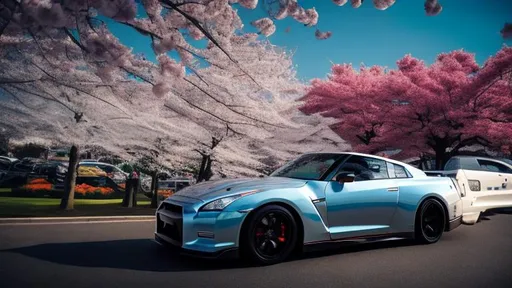 Prompt: Nissan Skyline GT-R R35 parking beside a cherry blossom tree