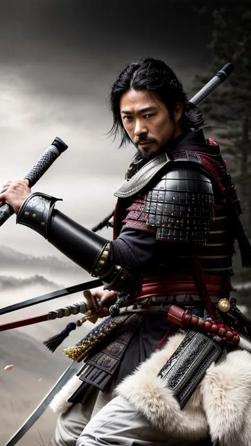 Prompt: Young Hiroyuki Sanada as a Samurai Photorealistic Overdetailed Portrait, Well Detailed face, Black and Gray Robes and Armor, Black hair, Detailed Hands, Detailed Twilight Background, Intricately Detailed, Award Winning, Photograph, Film Quality.