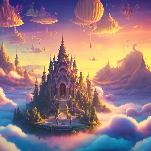 Prompt: A small temple of the dream realm floating above clouds in the sunny sky multi colourful 4k high quality beautiful fantasy crowded with a lots of magical people 