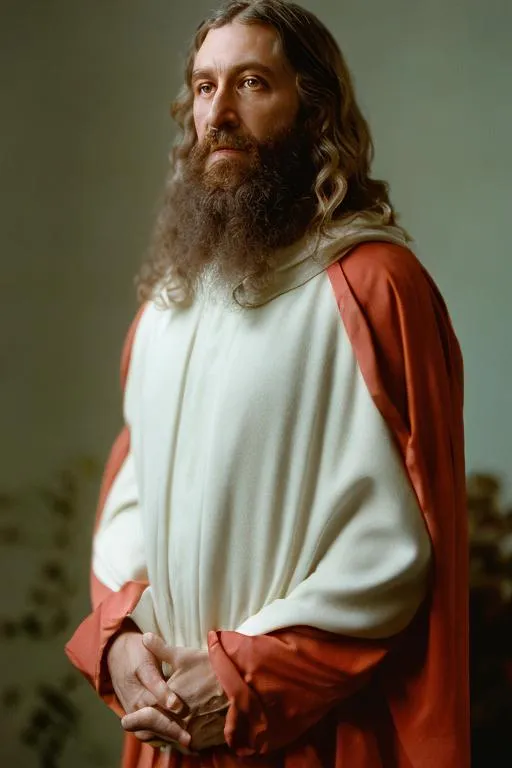 Prompt: a highly detailed, realistic, smooth, translucent, porcelain sculpture looks like a Jewish man resembles Jesus from The King of Divine Mercy, with European style wavy hair parted in the middle down to the shoulders. has a short, parted beard cleft chin. has an average height, very muscular, standing in a meek posture, with arms open, wearing a white robe with the chest visible, very bright backlighting