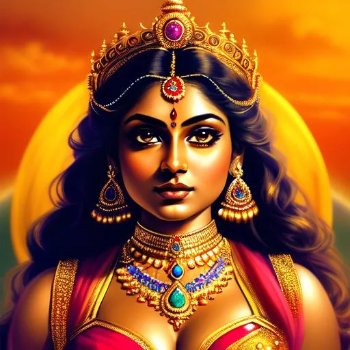 Prompt: full-potrait beautiful Indian goddess,Fantasy style, a hyper realistic detailed image of a celestial feminine woman, thick body, looking straight ahead, body facing camera, camera top third of image, perfect composition, super detailed, sharp focus HDR, UDR, 120k, square jaw,wearing crown on head beautiful amber eyes, wearing ornaments and smoke effects, Oil painting, in Highly detailed, Sharp focus, trending on artstation, Perfect anatomy, Studio photo, Rich color, Sensual, Fantasy, Photorealistic, Ultra detailed, Vibrant lighting, Realistic textures, Beautiful face, Cute Eyes, Fine details, Intricate details, Full body, Hyperrealistic, Shine, Full figure, Supermodel,8k, UHD, HD