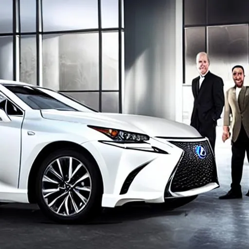 Prompt: Lexus car salesmen sitting as desk of modern car dealership.