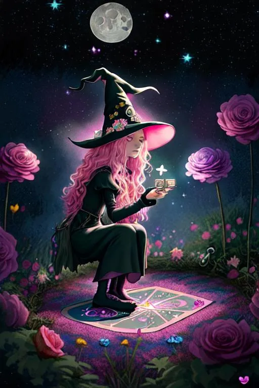 Prompt: witch with wavy pink hair using tarot cards, wearing witch hat, cute, flowers, aesthetic, fairycore, disney, pixar, moon, stars, witchcraft, in a starry pastel sky,  garden, sweet, dreamy, award winning illustration, artstation, highres, realistic, glittering, colorful, vibrant, detailed