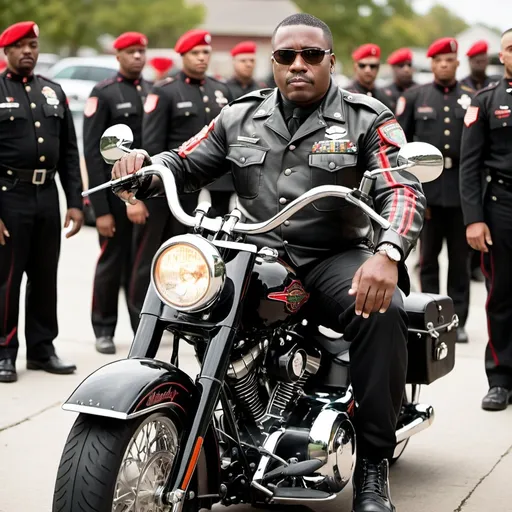 Prompt: A Black man in a black military uniform of 1920's with red, black and green stripes on collar on a Black Harley Davidson Fatboy motorcycle.  With a red, black and green with his army of brothers on Harley Davidson Fatboy motorcycle.