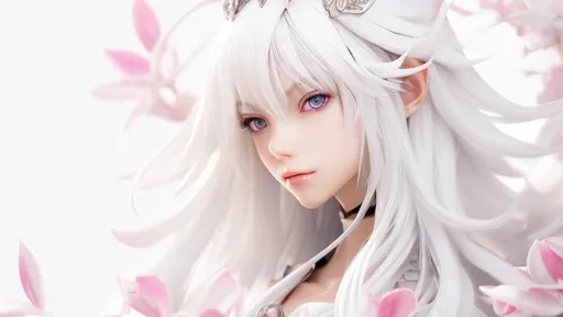 Prompt: Closeup face portrait of a Zero from Drakengard 3, smooth soft skin, sharp pink eyes, Flower in right eye, beautiful long intricate white hair, juicy lips, anime wide eyes, soft lighting, detailed face, by greg rutkowsky, concept art, digital painting, looking into camera