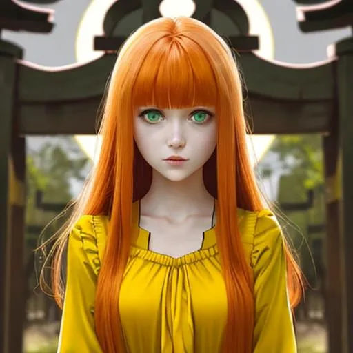 Prompt: Woman with long ginger hair bangs green eyes wearing  yellow dress Torii gate moon