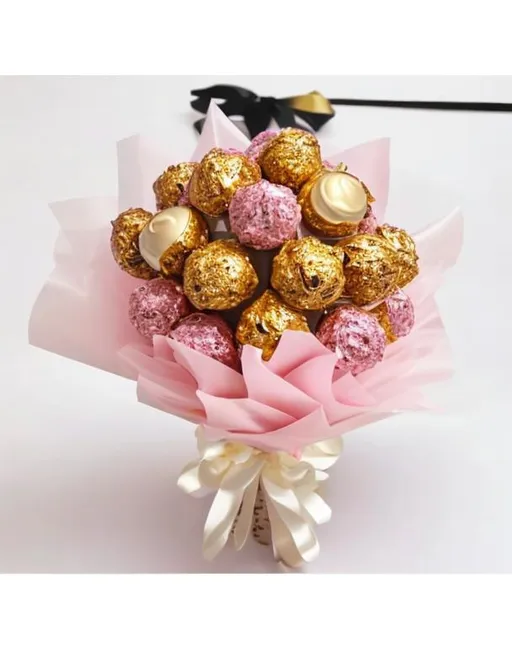 cute ferrero rocher candy bouquet, pink and gold col...