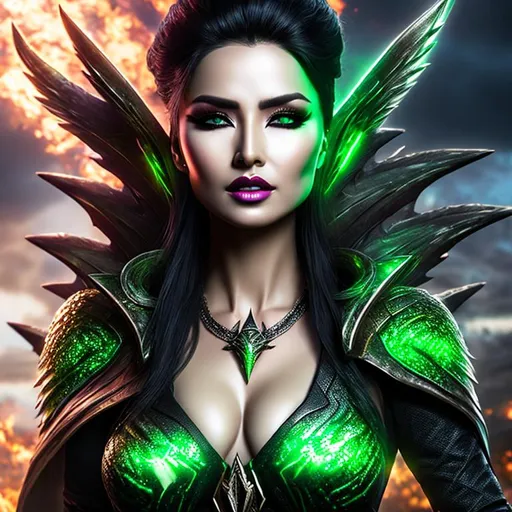 Prompt: High-resolution hyperrealistic image of shiar-cal'syee-neramani-deathbird merged with skrull-empress-veranke, green-skin, pointed-ears, feathered-hair, marvel-comics, photorealistic, uhd, hdr, 64k