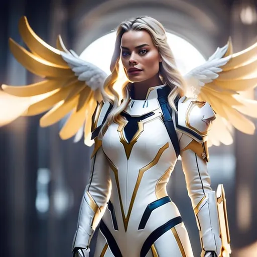 Prompt: Margot Robbie as Mercy from Overwatch, with white armor, halo over head, soft lighting, perfect composition, cinematic, movie trailer, dramatic, 8k, photo realistic, looking into camera, hyper realistic 