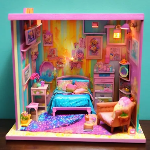 Prompt: Dollhouse diorama inspired by Lisa frank 