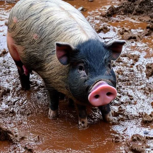 Prompt: a cute  pig in the mud