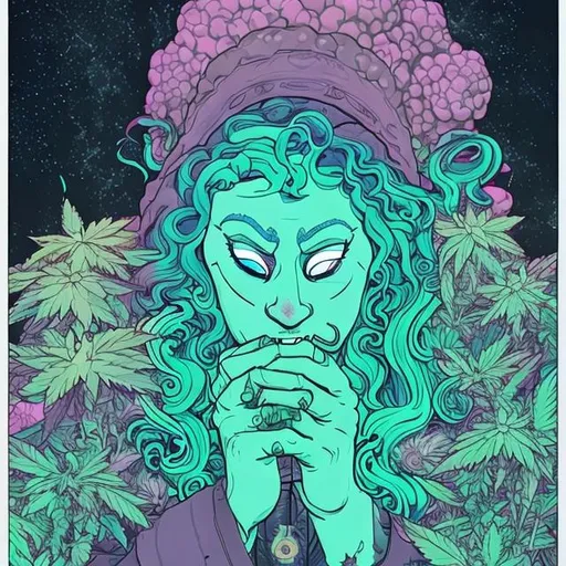 Prompt: un hombre blanco relajado y feliz que consume cannabis con un fondo lila y celeste. la imagen debe ser para pantalla vertical y estilo ciberpunk y verse realista