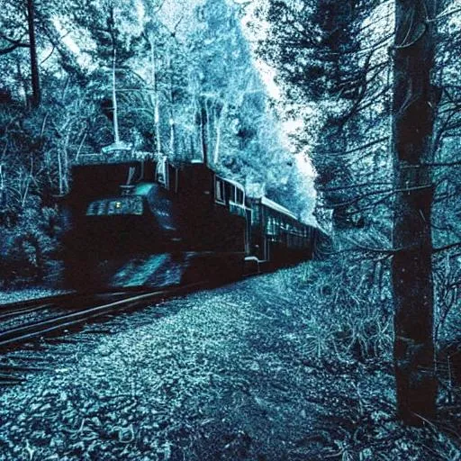 Prompt: A Scary train going through a dark forest in night