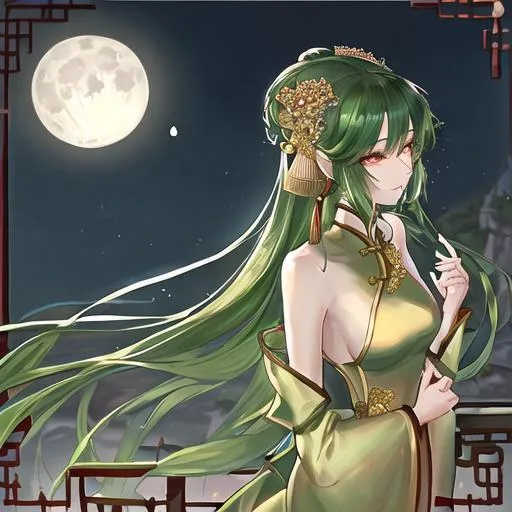 Prompt: beautiful chinese princess wear a long green dress standing on a balcony overlooking a cliff with the light of the full moon shining on her face. her face is melancholic and beautiful with a tear drop falling down her face and there is wind slightly blowing her hair behind her. the perspective is a medium shot with a grand golden palace behind her, 4k digital art, the face must be highly detailed